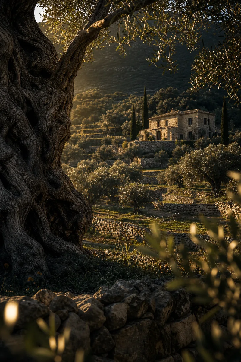 Ancient Greek olive grove and stone estate in the Peloponnese at golden hour