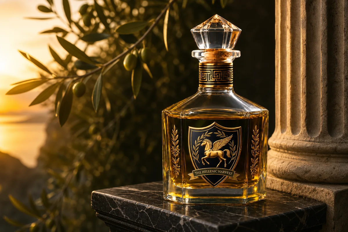 Signature Reserve olive oil bottle on a black marble pedestal beside a Greek column at sunset